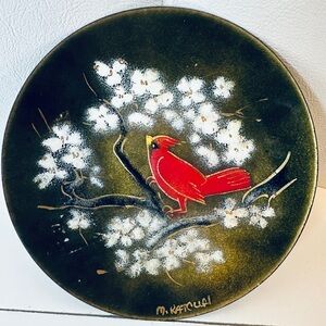 Vintage Red Cardinal Copper Enamel Plate Created by Margaret Ratcliff